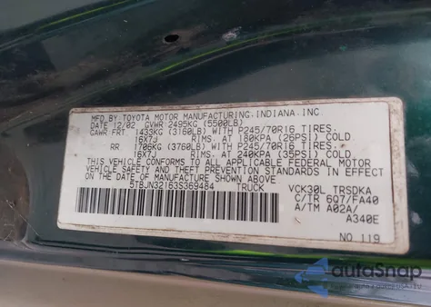 2003 Toyota Tundra z USA, uszkodzony, nr VIN 5TBJN32163S369484